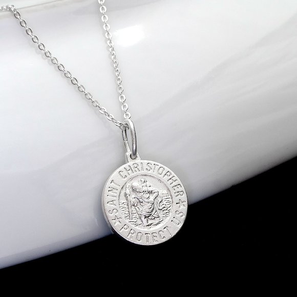 Round Real Silver Saint Christopher Pendant Stamped 925, Protection Medal Charm - Picture 2 of 5
